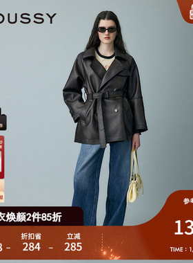 MOUSSY 2025春季新品复古港风翻领中长款皮质外套女010ISH30-0571