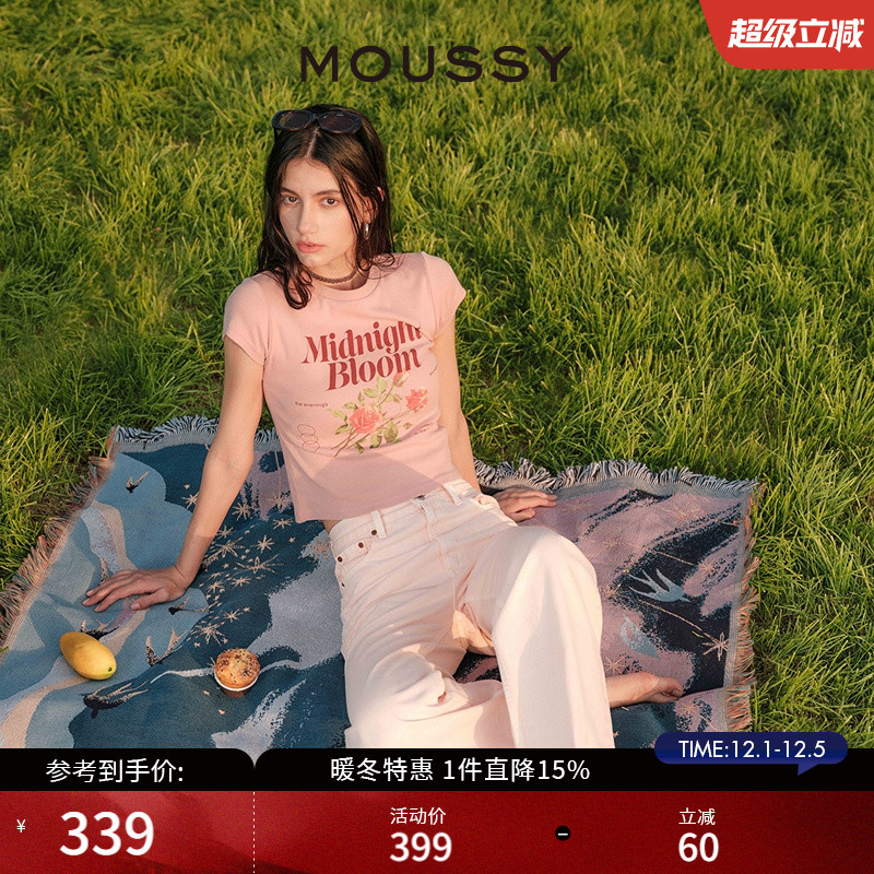 MOUSSY复古玫瑰字母正肩短袖T恤
