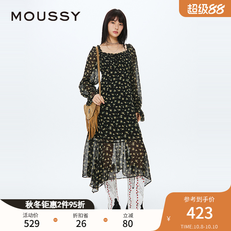 MOUSSY 2024春季新品南法度假风茶歇长袖连衣裙女028HSZ30-0521