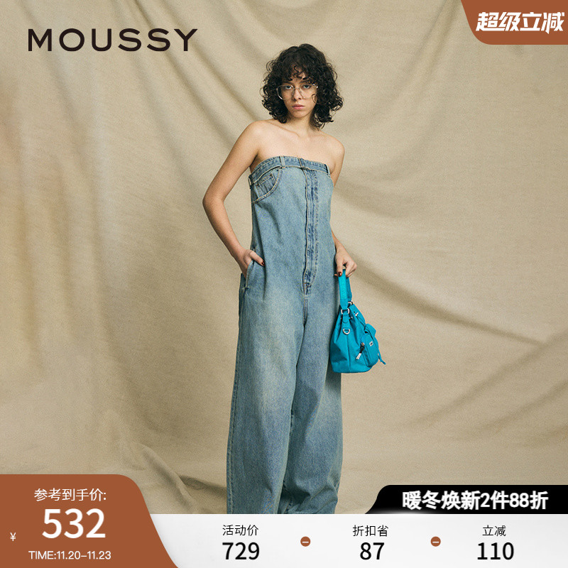 MOUSSY欧美风扎染裹胸牛仔连体裤