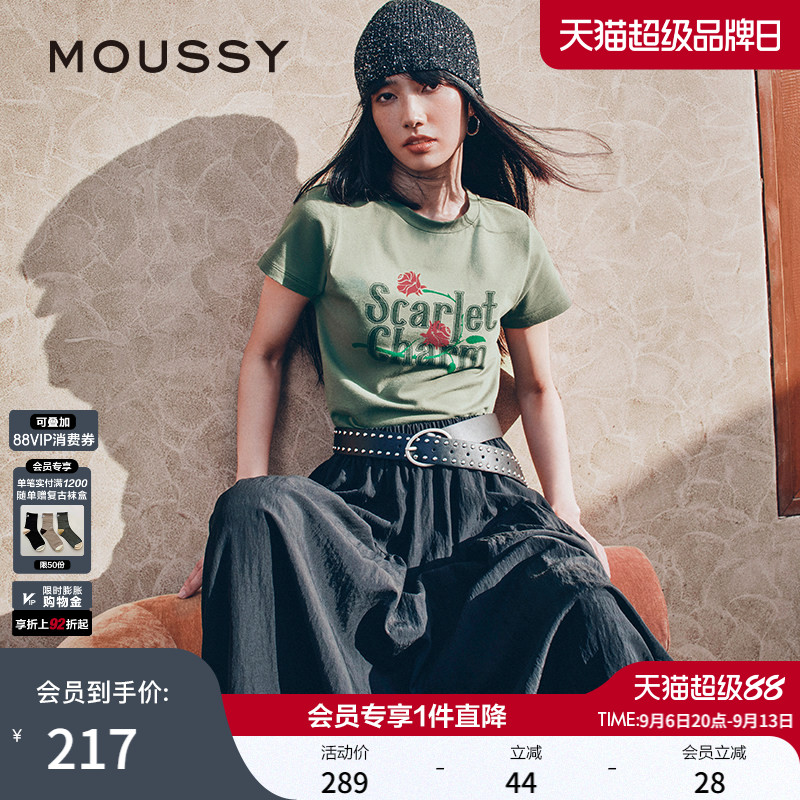 MOUSSY早春休闲风字母玫瑰印花圆领短袖T恤028IAA90-0671图片