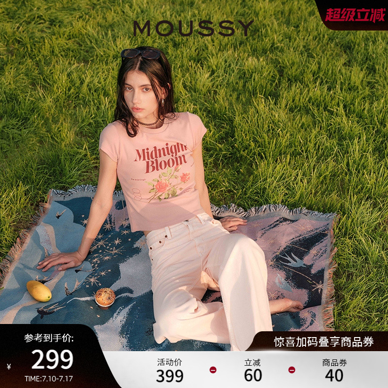 MOUSSY复古玫瑰字母正肩短袖T恤