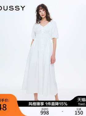 MOUSSY 春季新品复古优雅气质格纹V领连衣裙女010ISS33-3141