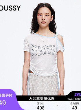 MOUSSY2026夏季新品纯欲甜辣风斜肩撞色系带印花T恤028JSA90-1069