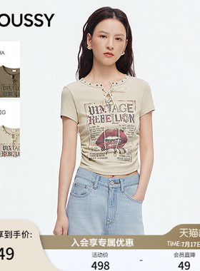 MOUSSY2026夏季新品美式复古辣妹风系带印花短袖T恤028JAA90-1016