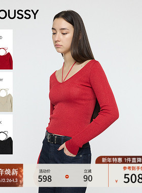 MOUSSY 2026早春新品文艺优雅风绑带修身打底针织衫010IA370-6331