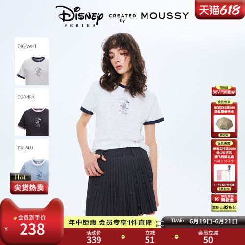 MOUSSY春季新品迪士尼联名米奇头像撞边短袖T恤010ISY90-4221