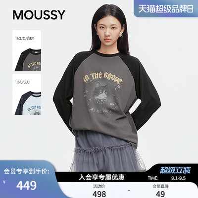 MOUSSY2026早秋新品美式复古摇滚猫咪插肩长袖T恤女028JAZ90-1024