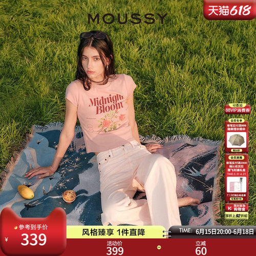 MOUSSY复古玫瑰字母正肩短袖T恤