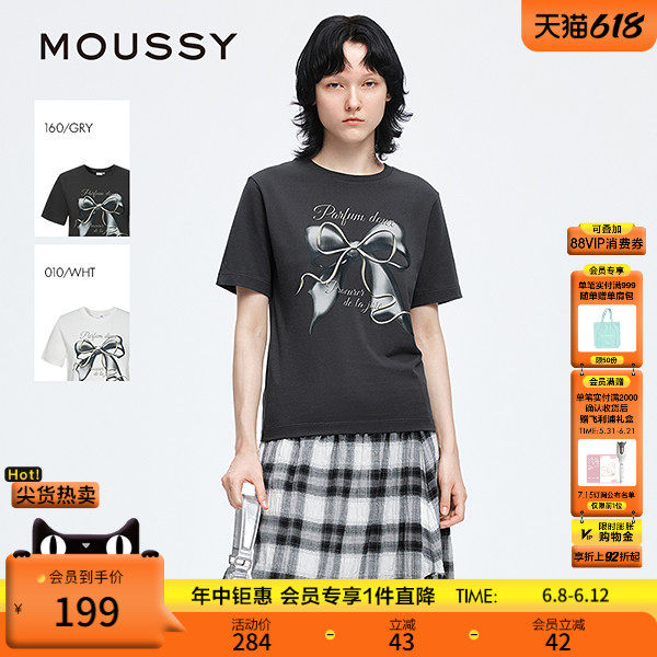 MOUSSY早春休闲风大蝴蝶结印花圆领短袖T恤028IAA90-0731