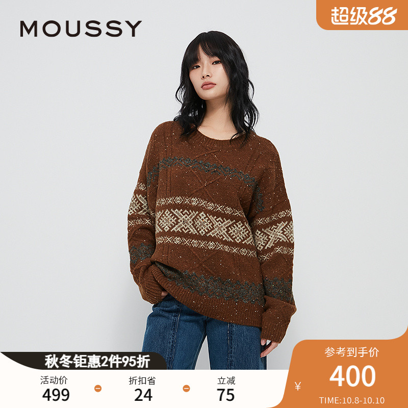 MOUSSY2024冬季新品北欧费尔岛提花宽松针织衫毛衣028HAZ70-3031