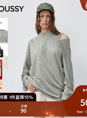 MOUSSY 2025秋季新品潮酷拉链镂空宽松圆领长袖T恤028IAA80-1001