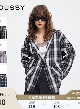 MOUSSY 春季新品复古街头撞色格纹连帽长袖衬衫028ISA30-2301
