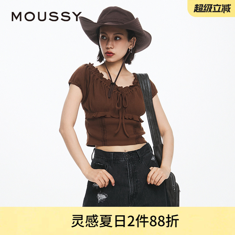 moussy甜美森系木耳边针织上衣