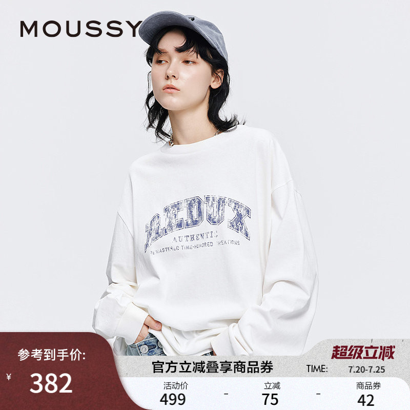 MOUSSY早春新品美式学院风做旧印花长袖T恤女028JSX90-1052
