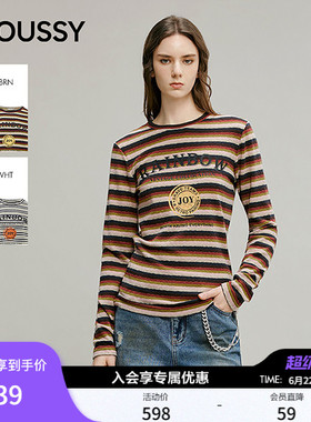 MOUSSY2026春季新品复古条纹撞色字母印花长袖T恤女028IAA90-1040