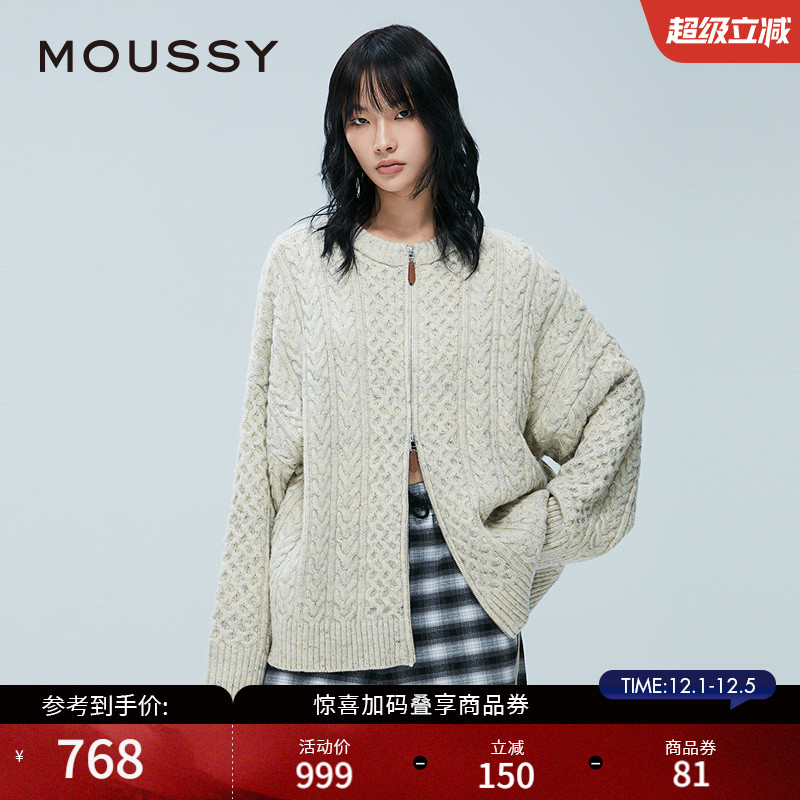 MOUSSY2025冬季新品绞花OVERSIZE拉链针织开衫外套028IAZ70-1029