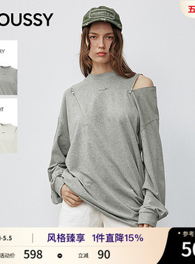 MOUSSY 春季新品潮酷拉链镂空宽松圆领长袖T恤028IAA80-1001