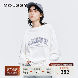T恤女028IAZ90 学院风做旧印花长袖 1010 美式 MOUSSY2025早秋新品