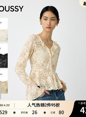 MOUSSY春季新品甜美风蕾丝花纹长袖V领针织衫010IA280-4491