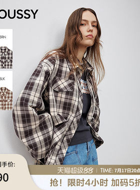 MOUSSY 甜酷风抽褶系带收口复古格子长袖衬衫女028ISA30-1004