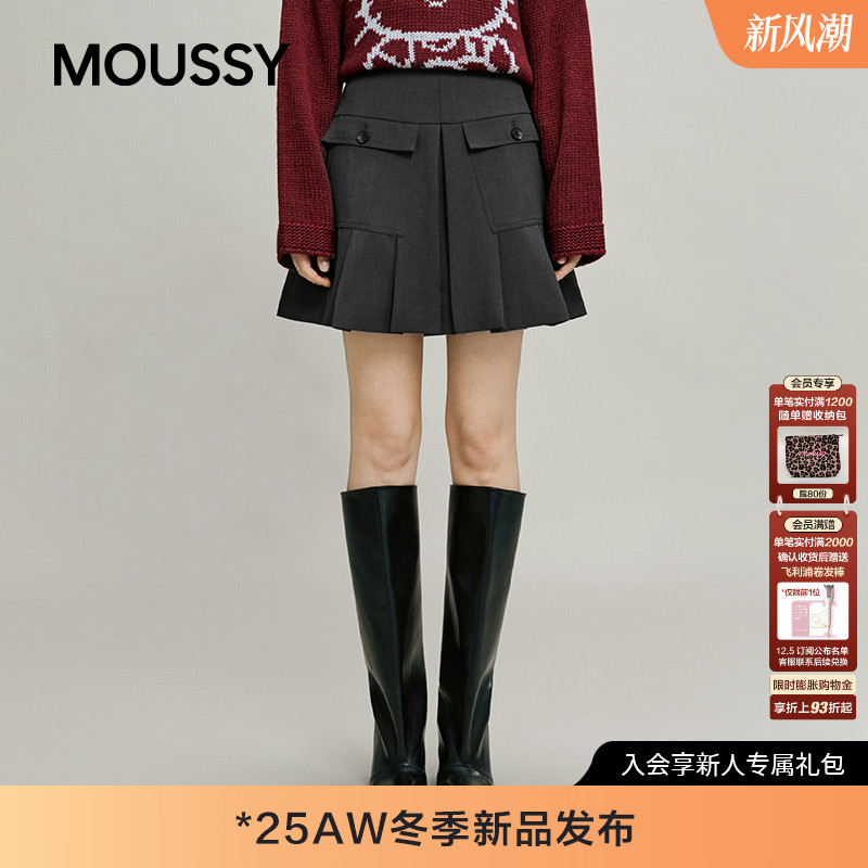 MOUSSY2025秋季新品复古学院风A字口袋拼接百褶短裙028IAA31-2191