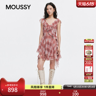 MOUSSY 2026夏季新品甜酷风不规则格纹荷叶边连衣裙028JSZ33-1021