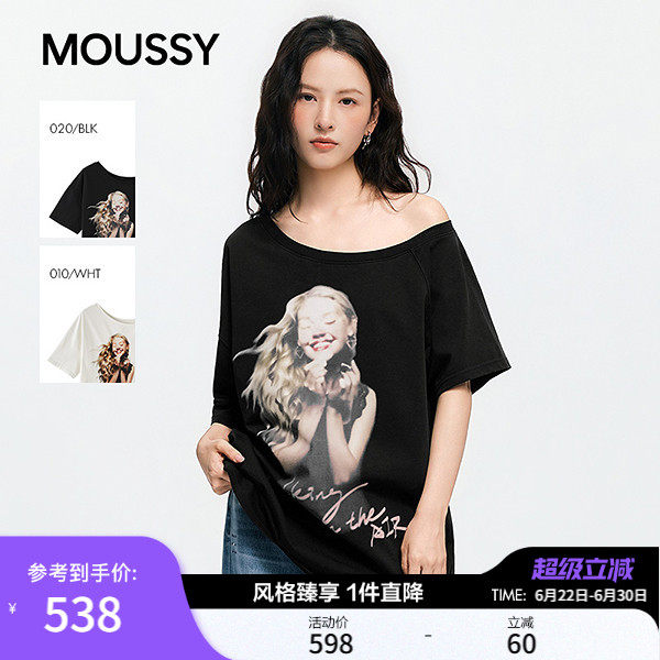 MOUSSY2026夏季新品美式复古风做旧人像印花斜肩T恤028JSA90-1084 - 实物图