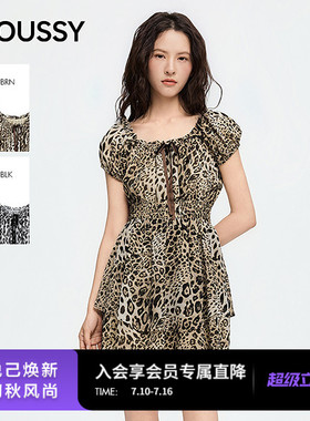 MOUSSY 2026夏季新品美式复古豹纹泡泡袖收腰连衣裙028JSZ33-1015