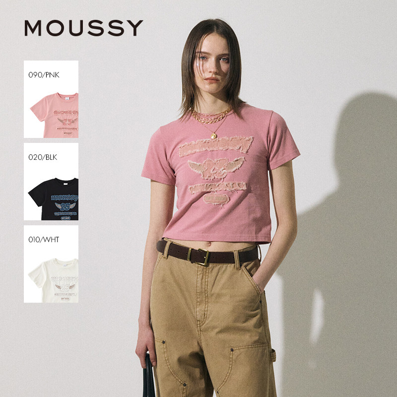 MOUSSY 夏季新品贴布绣立体毛边LOGO短袖T恤女010ISL90-3381图片