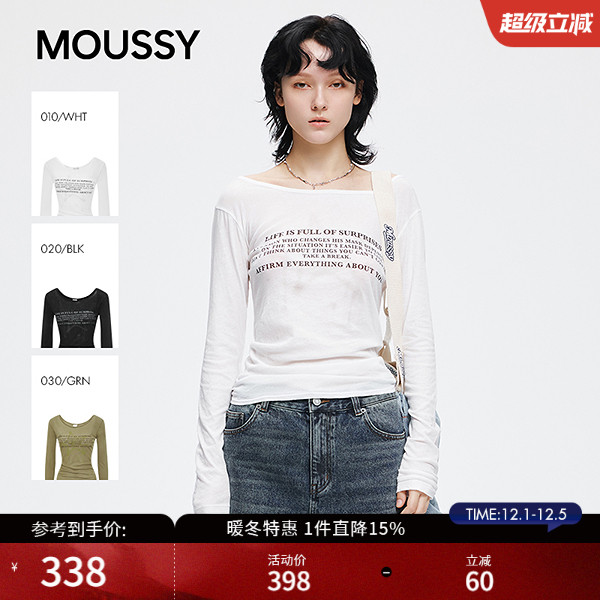 明星同款MOUSSY25秋新品美式字母印花一字领长袖T恤028IAZ90-1071