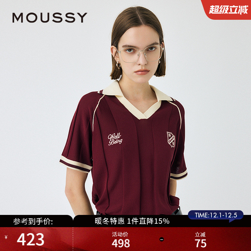 MOUSSY 2025早秋学院风美式复古撞色宽松短袖T恤010IA474-6921