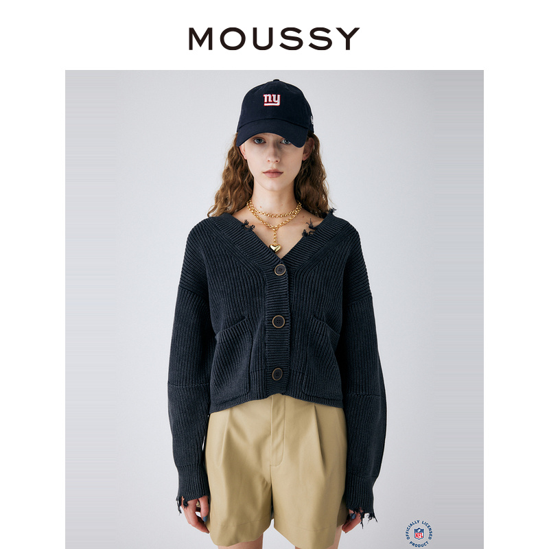 MOUSSY 慵懒感V领磨损V领短款针织开衫010GSW70-0180 女装/女士精品 毛针织衫 原图主图