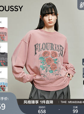 MOUSSY 秋季新品休闲复古玫瑰花束字母印花卫衣028JAX90-1051