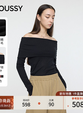 MOUSSY 2025秋季新品优雅知性风一字肩修身针织衫女010IA180-8261