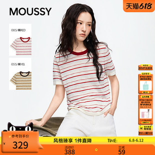 MOUSSY2026夏季新品复古风条纹撞色休闲圆领短袖T恤028JSC90-1091