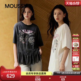 MOUSSY2026夏季新品复古休闲假两件蕾丝拼接印花T恤028JSZ90-1063