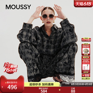 李斯丹妮同款MOUSSY 春品日系撞色格子长袖衬衫 028IAA30-0341