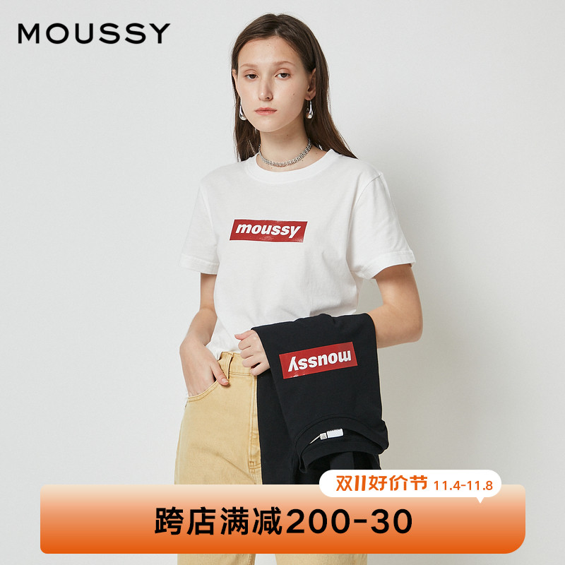 MOUSSY简约百搭经典胶印LOGO印花多巴胺短袖T恤女028FSZ90-0260