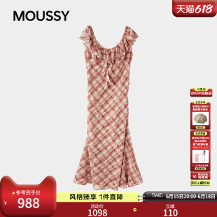 MOUSSY 2026夏季新品法式纯欲碎花格纹一字领连衣裙028JSA33-1029