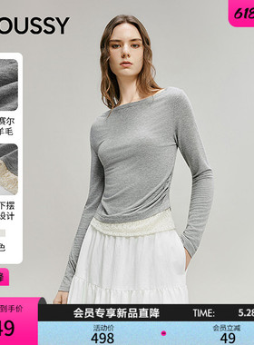 MOUSSY2026春季新品简约蕾丝拼接一字领修身长袖T恤028IAA80-1019