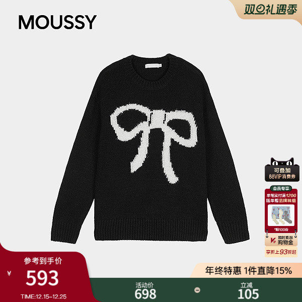 MOUSSY 2026早春新品甜美风蝴蝶结圆领套头毛针织衫028IAZ70-1061