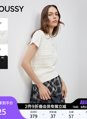 MOUSSY春季新品慵懒风镂空V领修身针织背心女028ISA70-3681