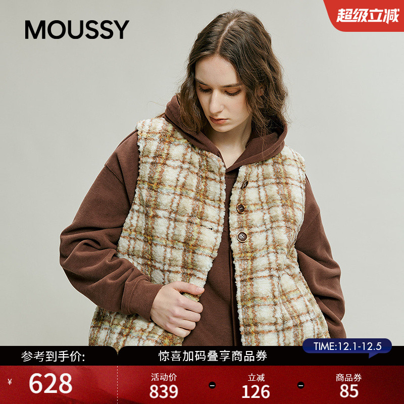 MOUSSY 2025冬季新品复古格子仿羊羔绒撞色马甲背心028IAC30-1108