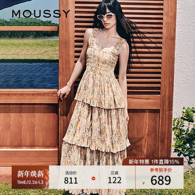 MOUSSY 2025早秋新品田园风碎花吊带蛋糕连衣裙长裙028IAA33-1891