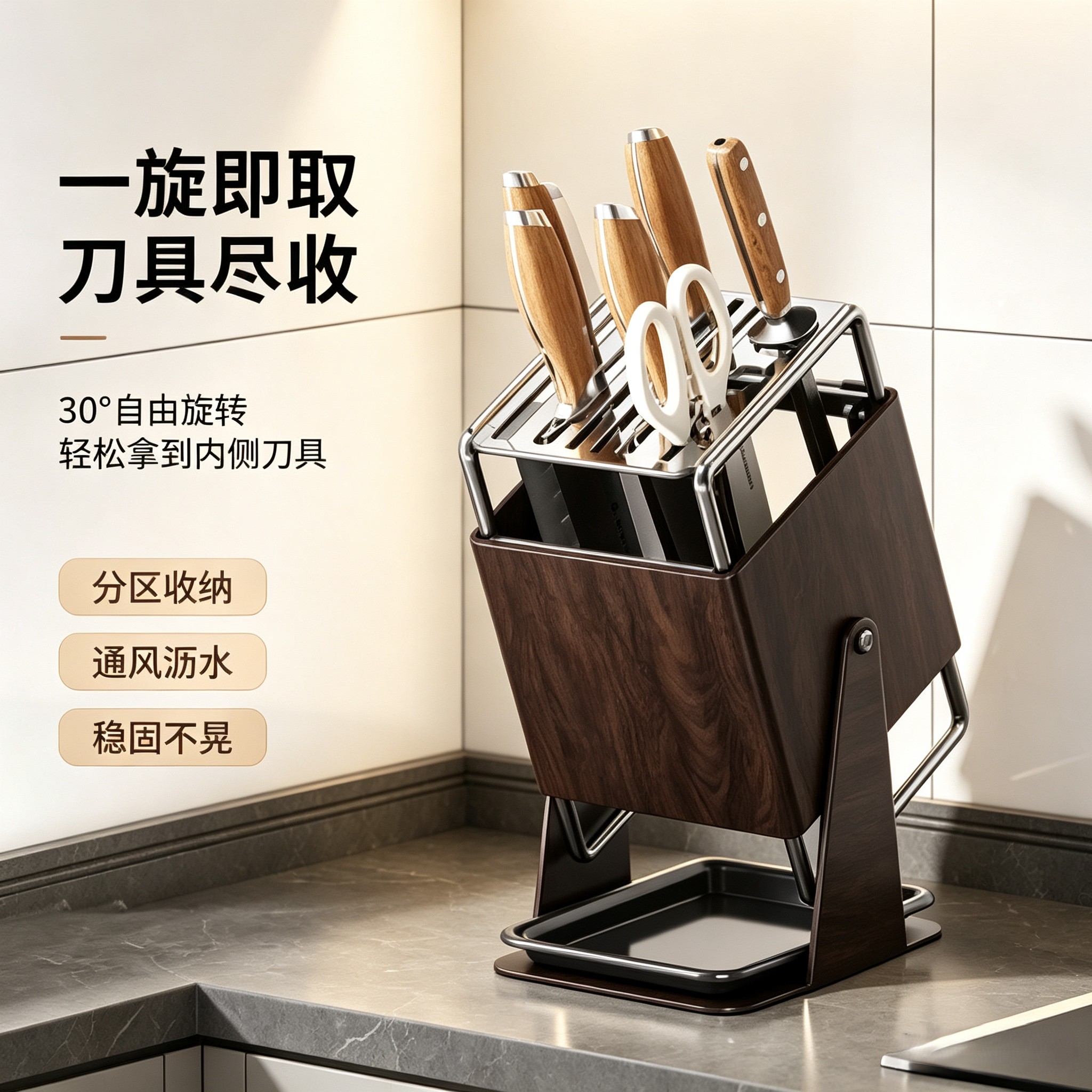 德国中古风厨房刀架旋转刀具沥水多功能收纳不锈钢一体刀座置物架