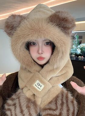 豹纹围巾帽子二件套秋冬保暖