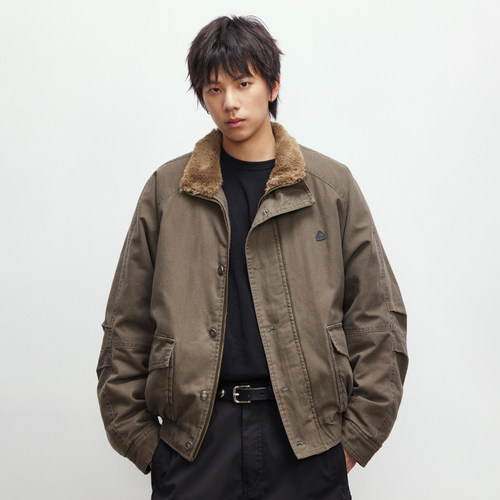 BETTWITH座山雕加绒加厚仿水貂毛外套中古洗褪短廓型飞行夹克棉服