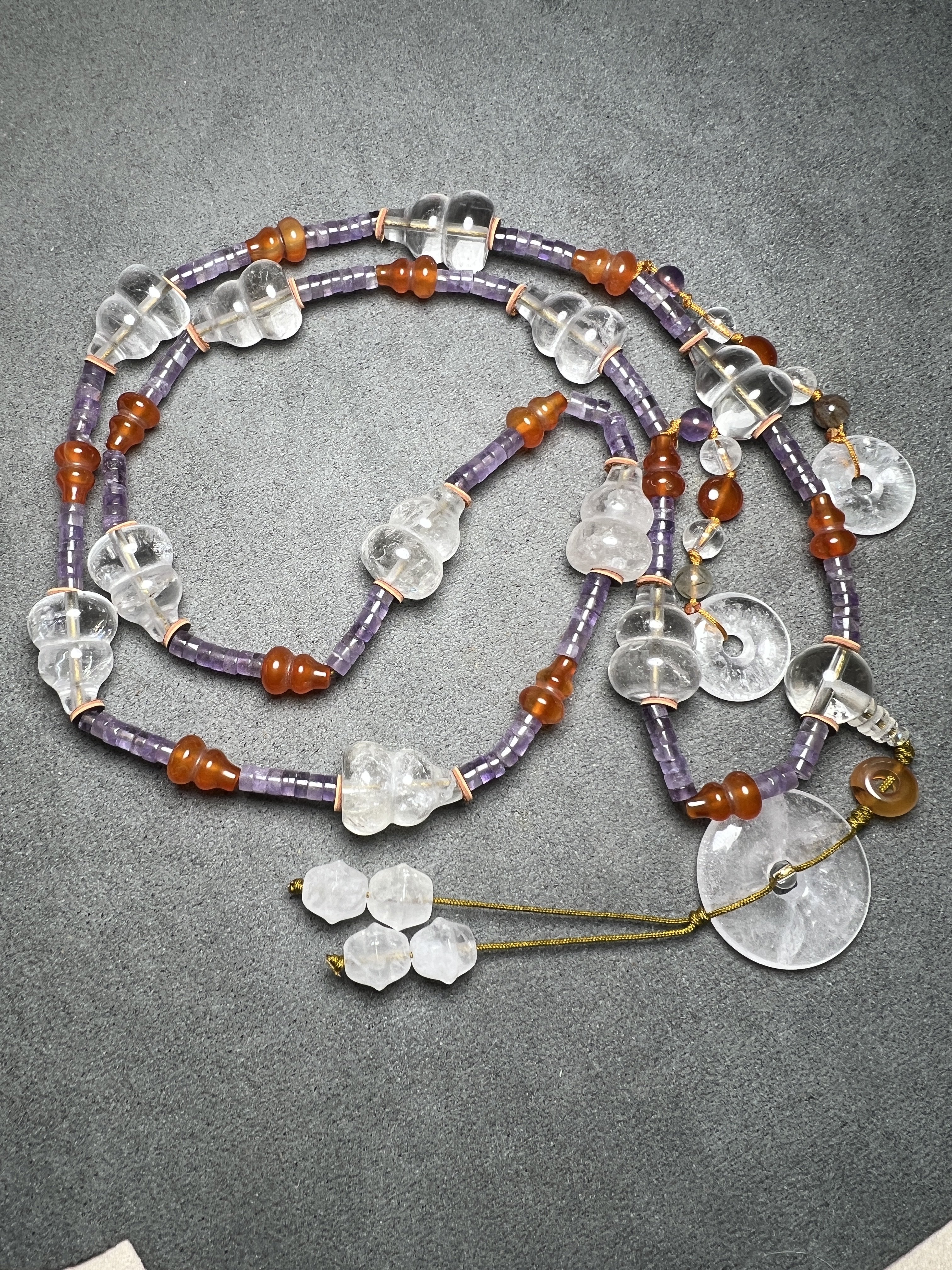 尼泊尔老料白水晶葫芦珠搭配紫水晶隔片珠红玛瑙葫芦珠串制项链