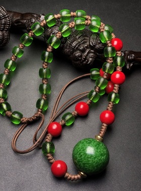 文玩回流老料琉璃青蛙皮圆珠搭雪巴珠编制项链